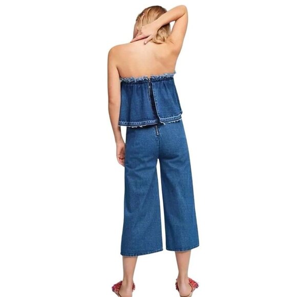 Anthropologie JOA Los Angeles Denim Strapless Jumpsuit With Frayed Hemline Med - Picture 3 of 9